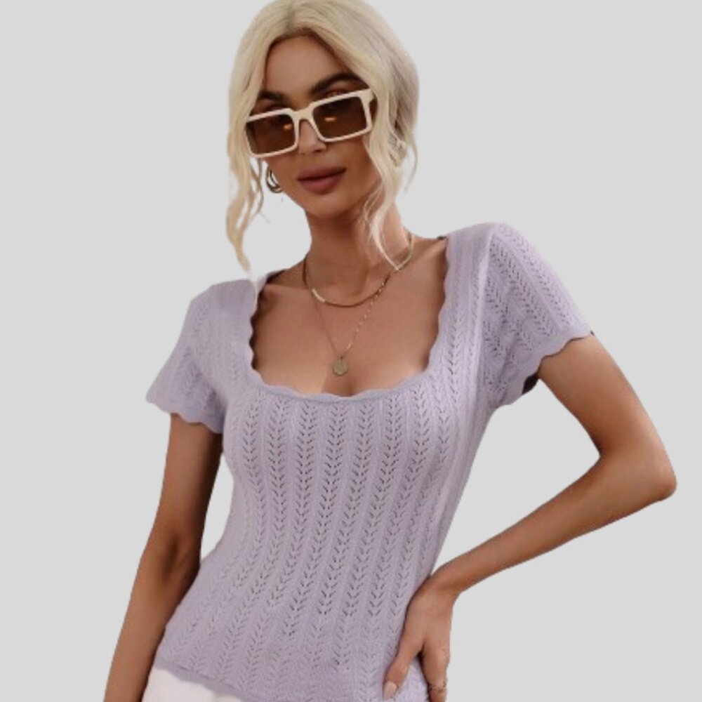 Crochet Square-Neck Sweater Tops - Color Lavender